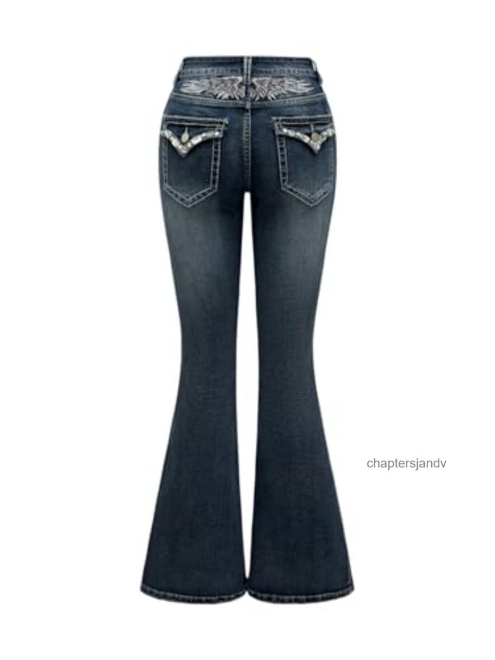 Goth Punk Rhinestone Embroidered Low Rise Flare Jeans Denim Pants
